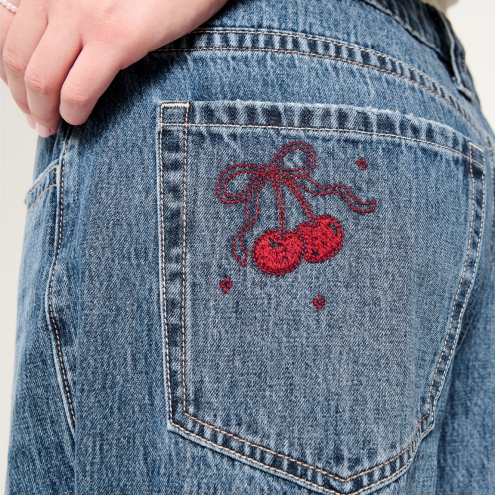 Low Rise Medium Blue Wash Jeans with Playful Red Cherry Embroidery